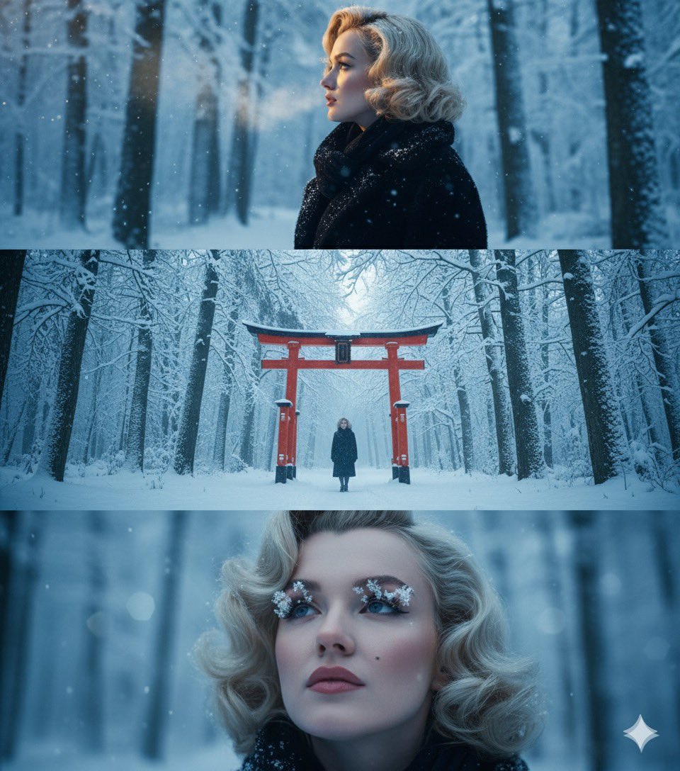 Winter Forest Woman: Torii Gate & Snowy Portraits Nano Banana提示词