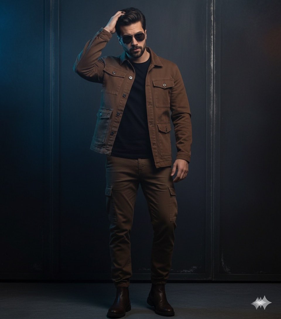 Stylish Man Fashion Photography: Brown Jacket, Cargo Pants Nano Banana提示词