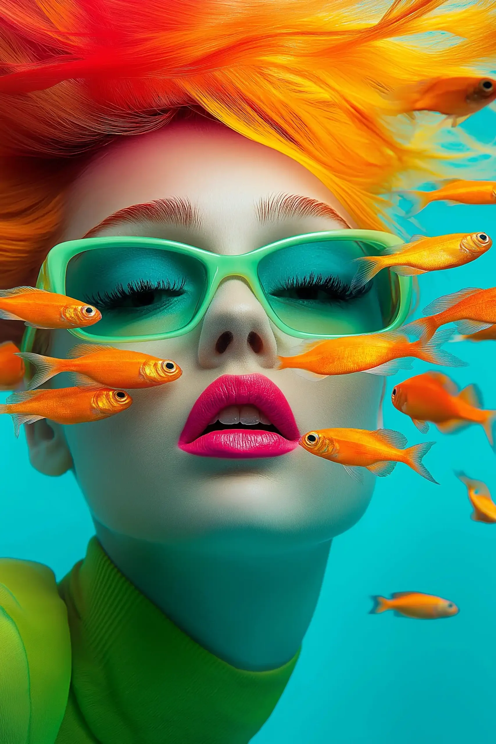 Colorful Hair Underwater Scene Midjourney提示词