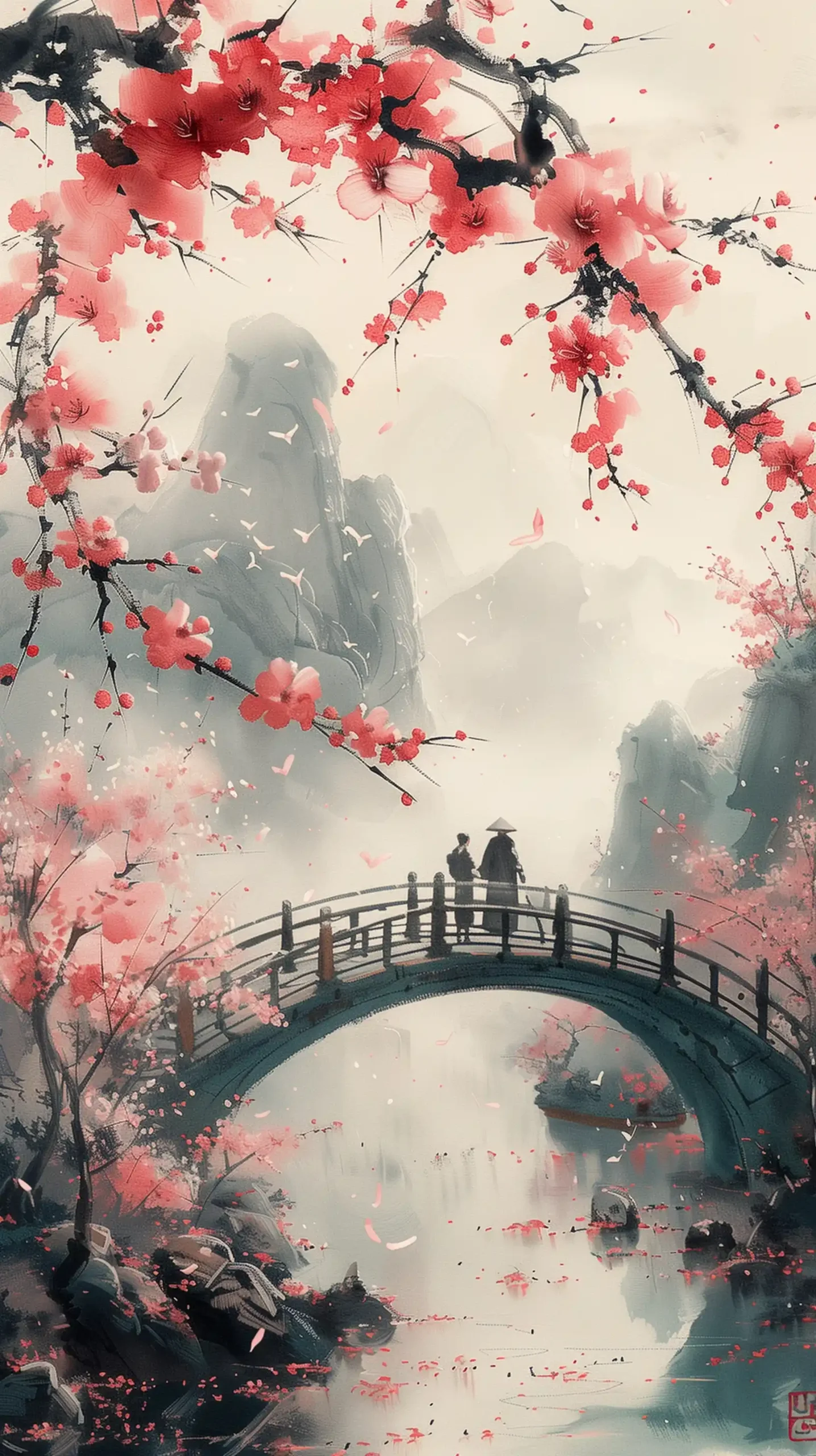 Atmospheric Cherry Blossom Bridge Midjourney提示词