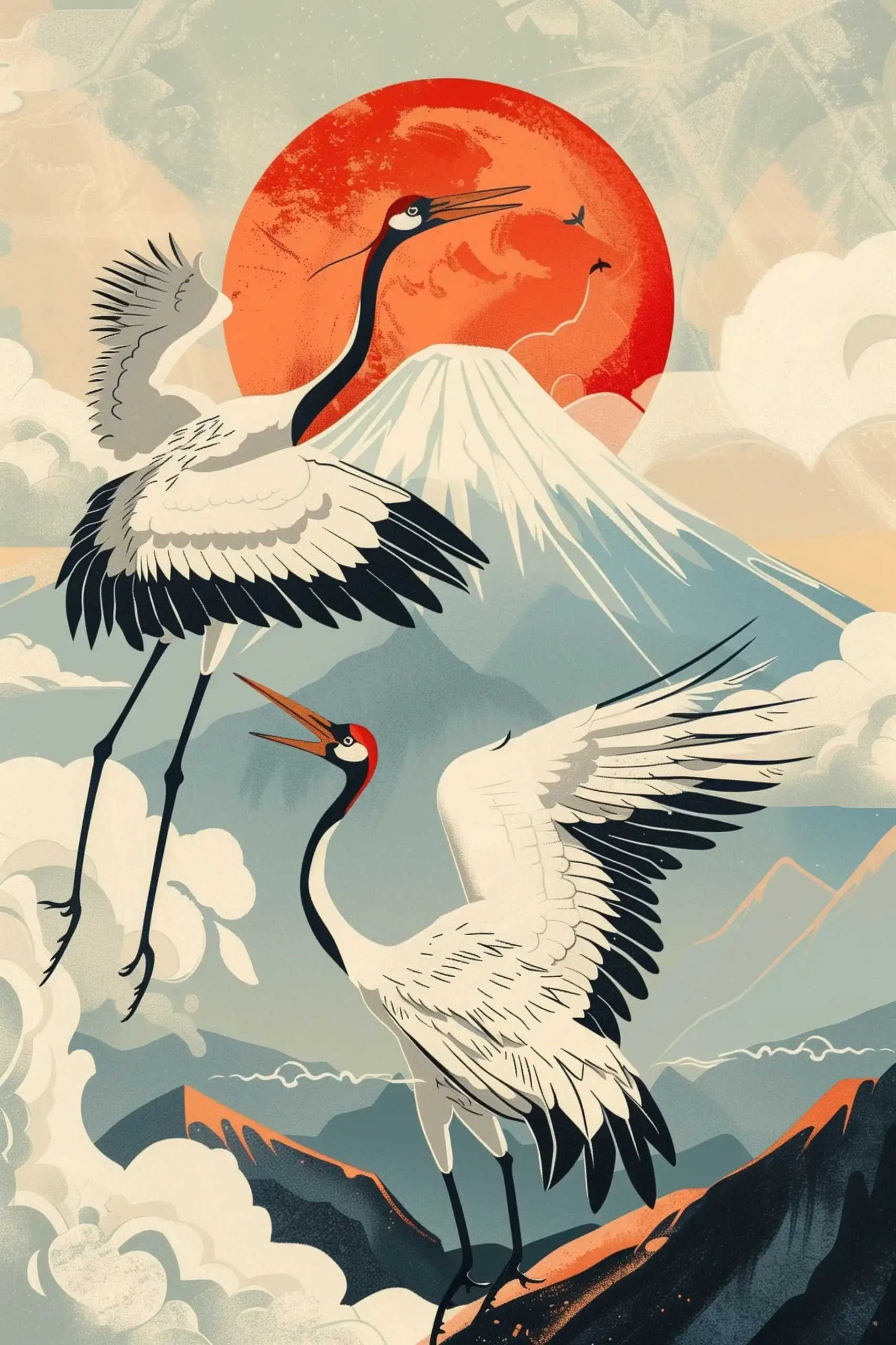Japanese Cranes in Ukiyo-e Midjourney提示词