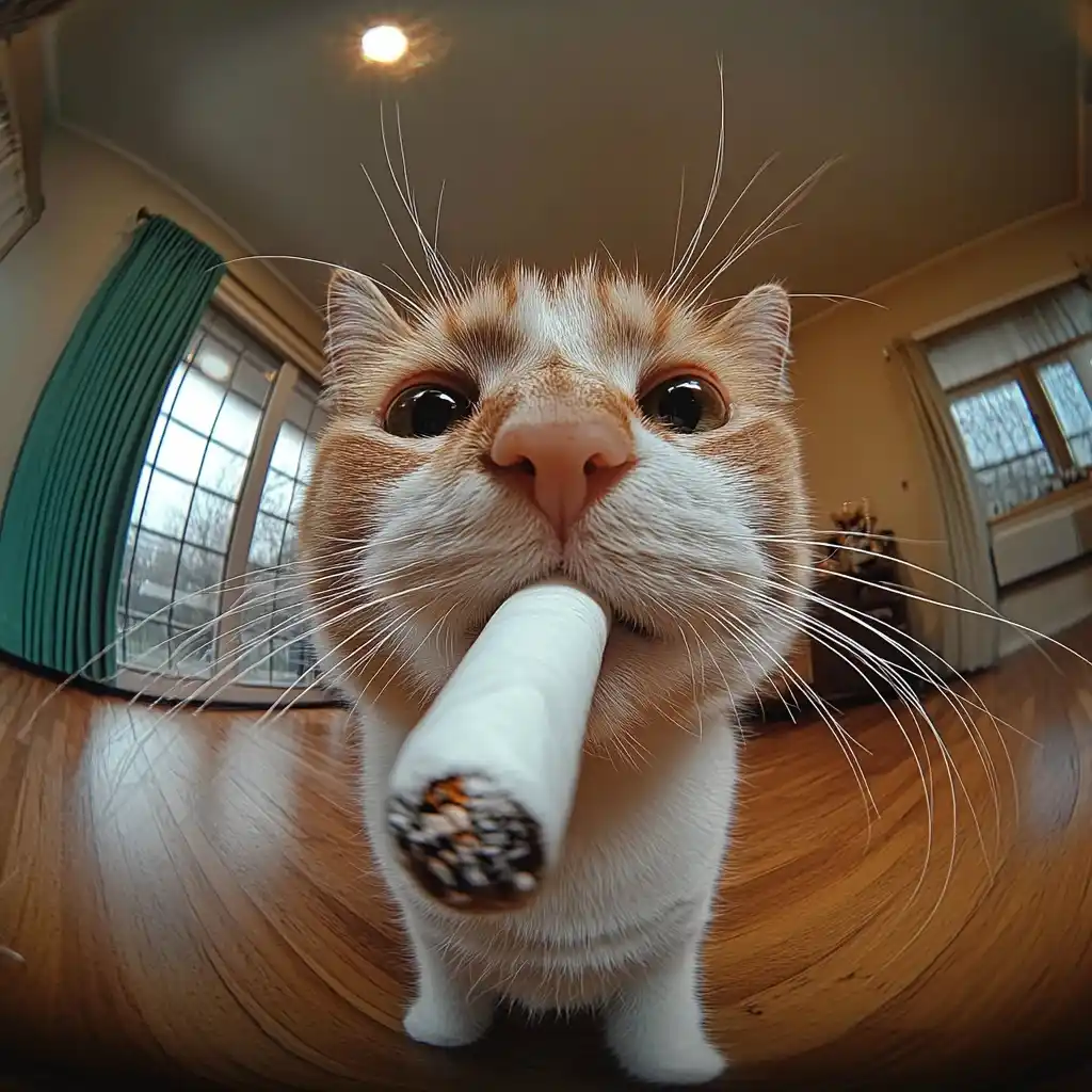 Fisheye Cat in Living Room Midjourney提示词