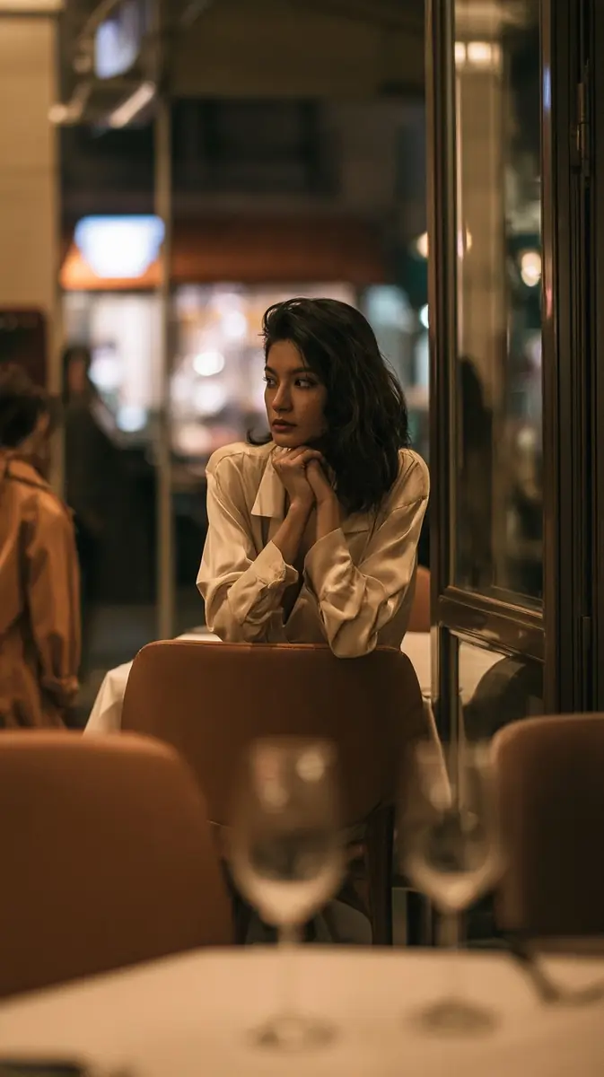 Editorial Woman at Restaurant Midjourney提示词