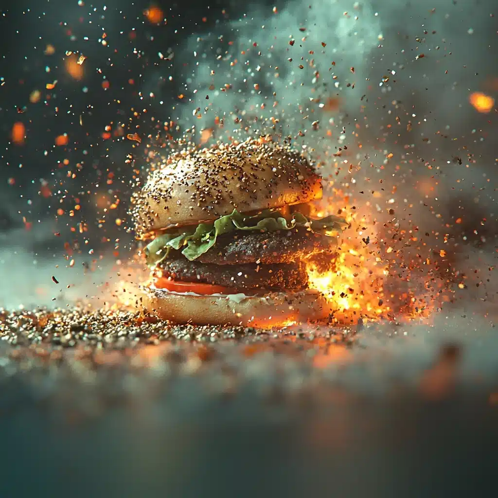 Cinematic Fiery Hamburger Midjourney提示词