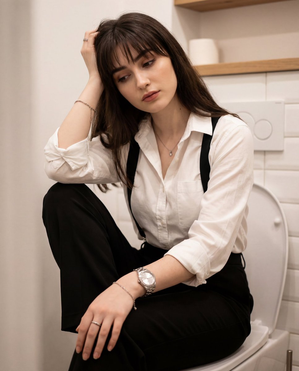 Pensive Woman Portrait in Modern Bathroom - White Shirt Fashion Nano Banana提示词