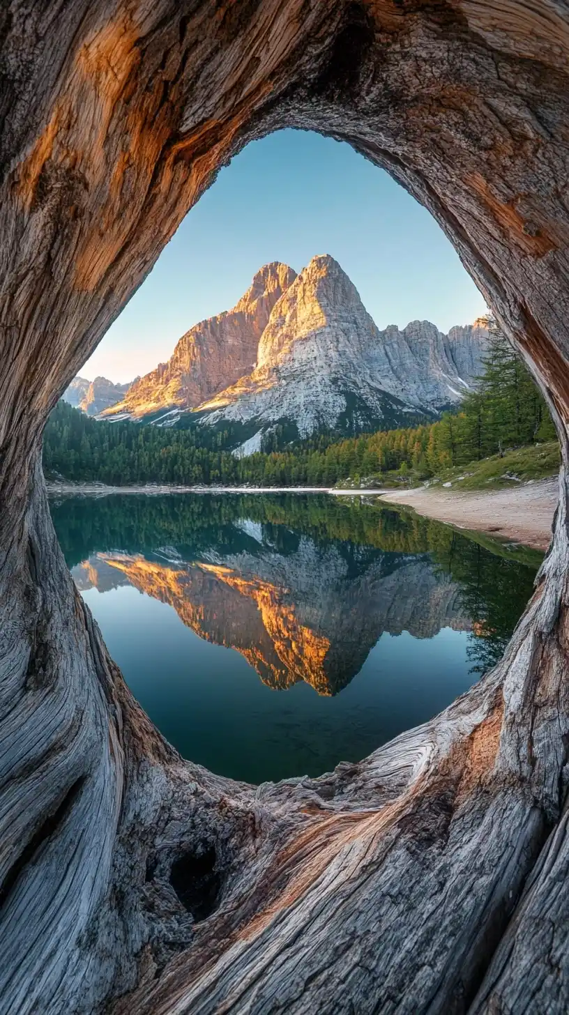 Dolomites Lake Through Trunk Midjourney提示词