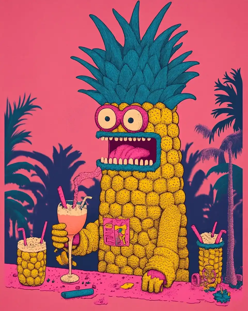Quirky Pineapple Bartender Line Art Midjourney提示词