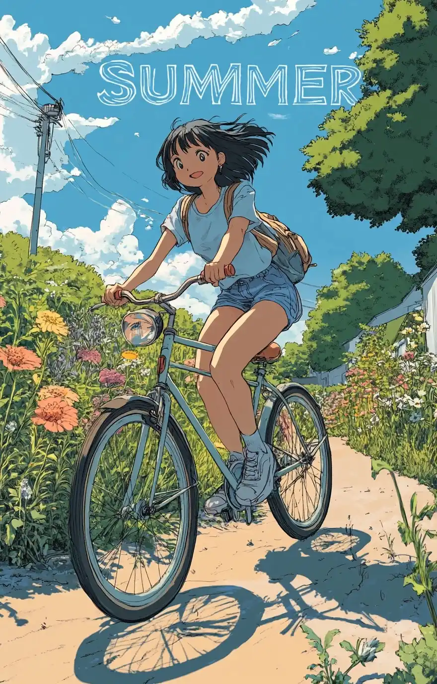 Manga Girl Cycling Summer Midjourney提示词