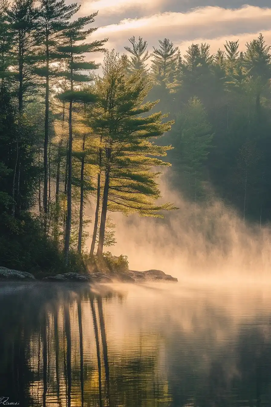 Serene Lake at Dawn Midjourney提示词