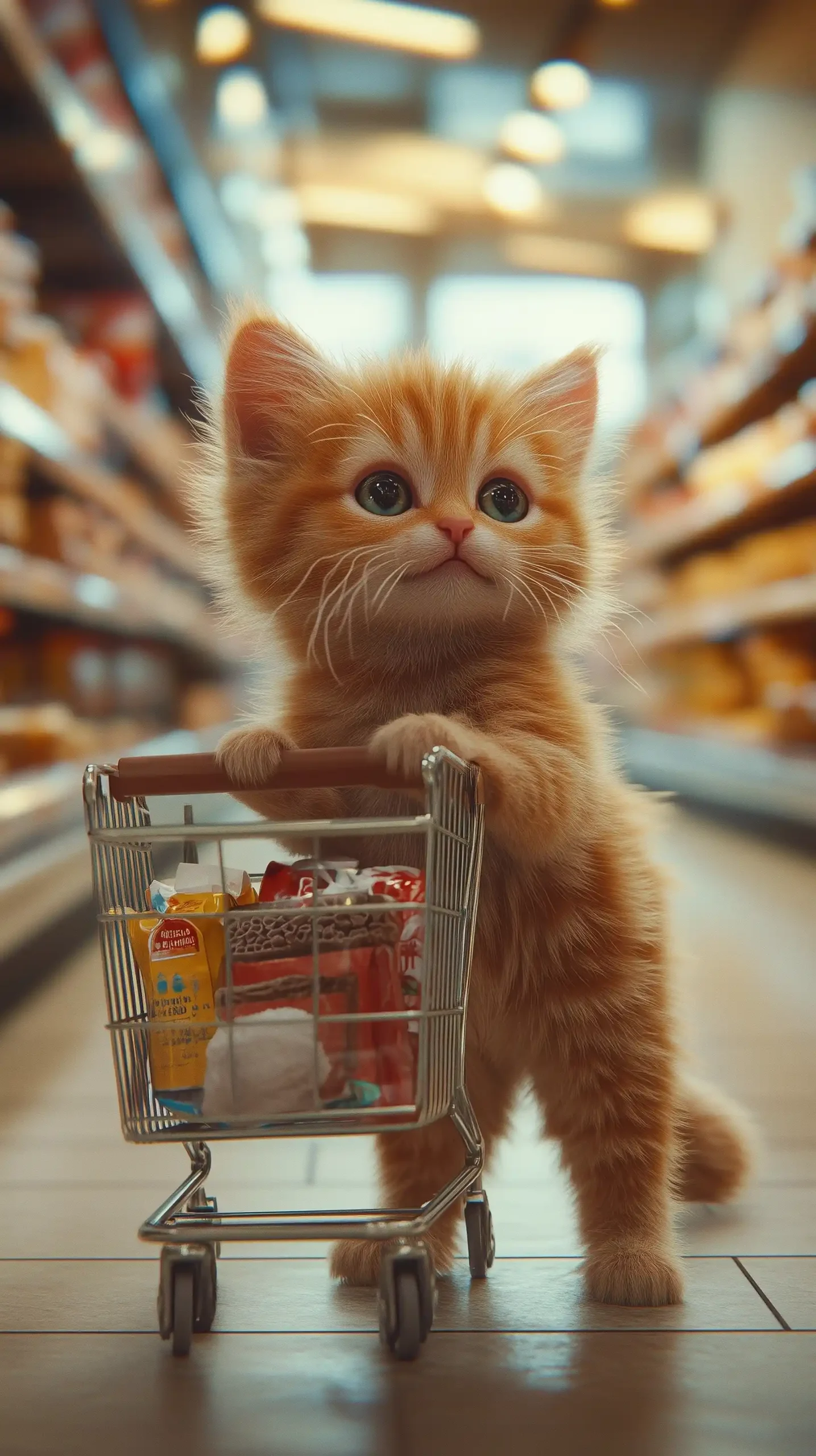 Realistic Tabby Kitten Shopping Midjourney提示词