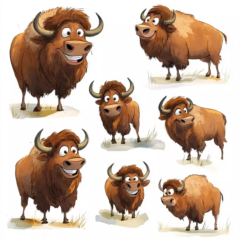 Bison Character Design Sheet Midjourney提示词