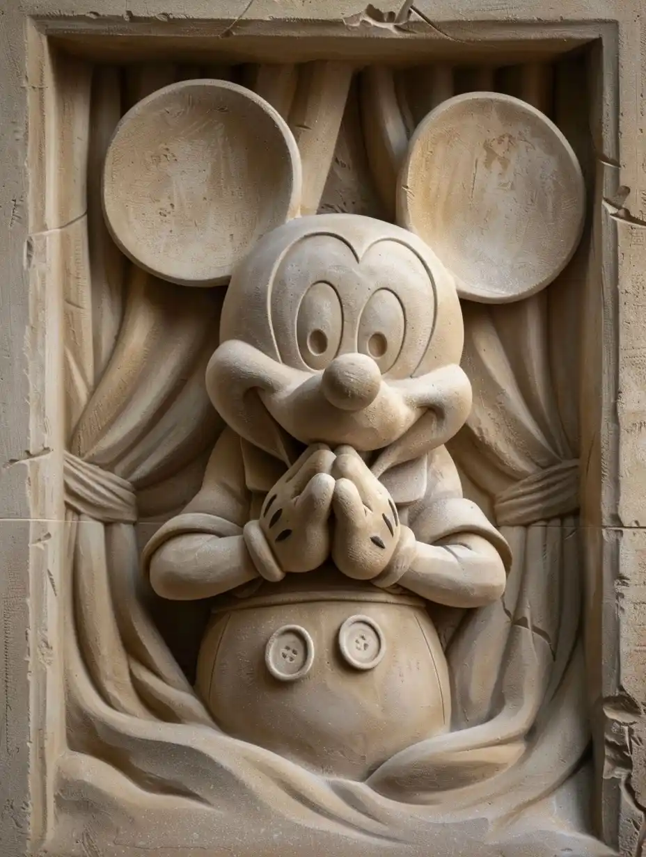Bas-Relief Mickey Behind Curtain Midjourney提示词
