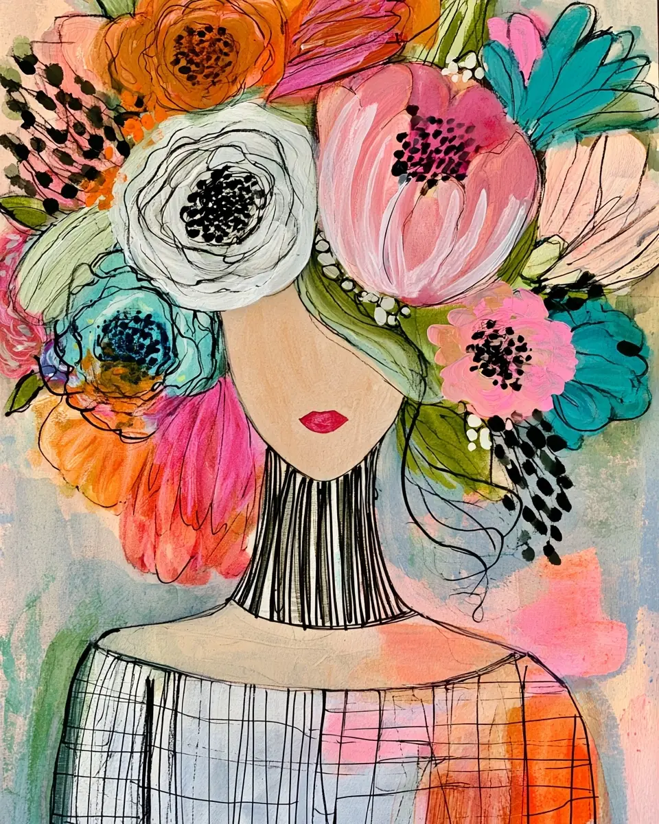 Folk Floral Flower Ladies Midjourney提示词