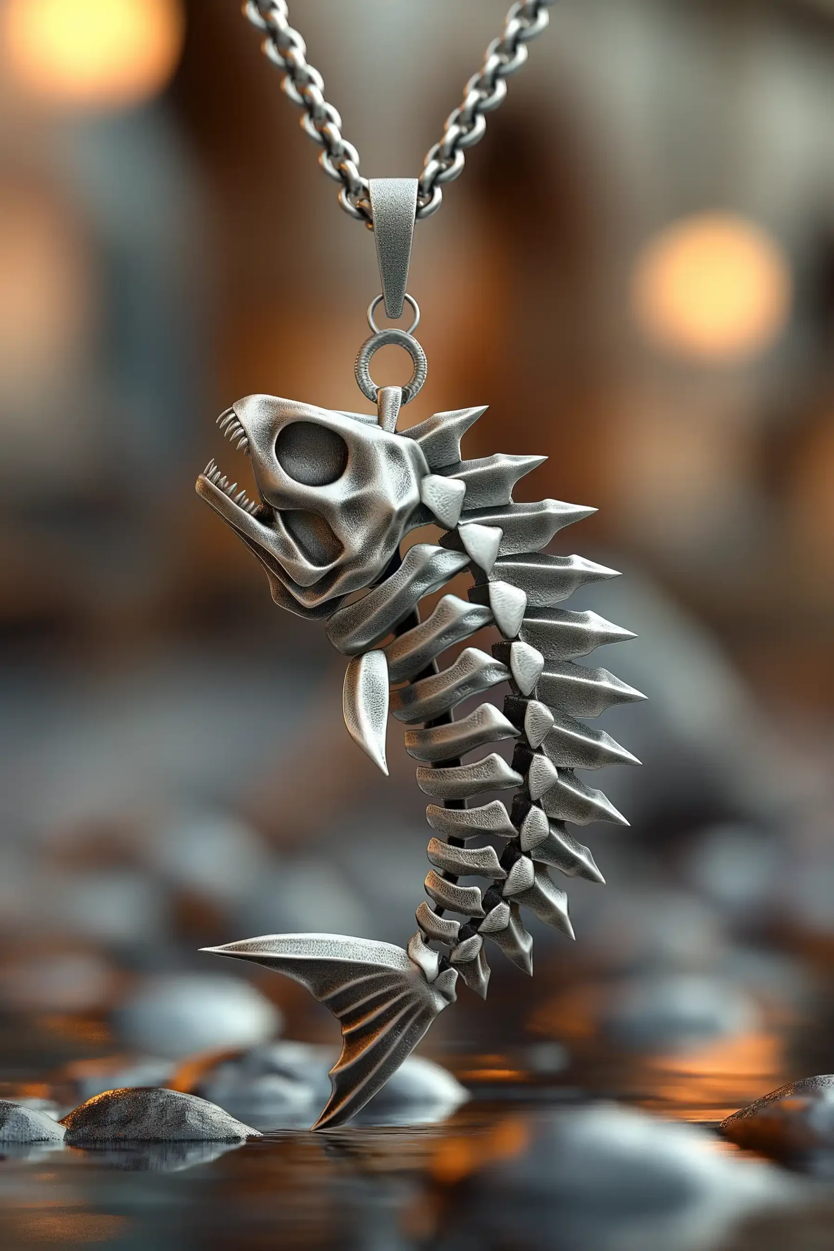Metallic Fish Skeleton Pendant Midjourney提示词