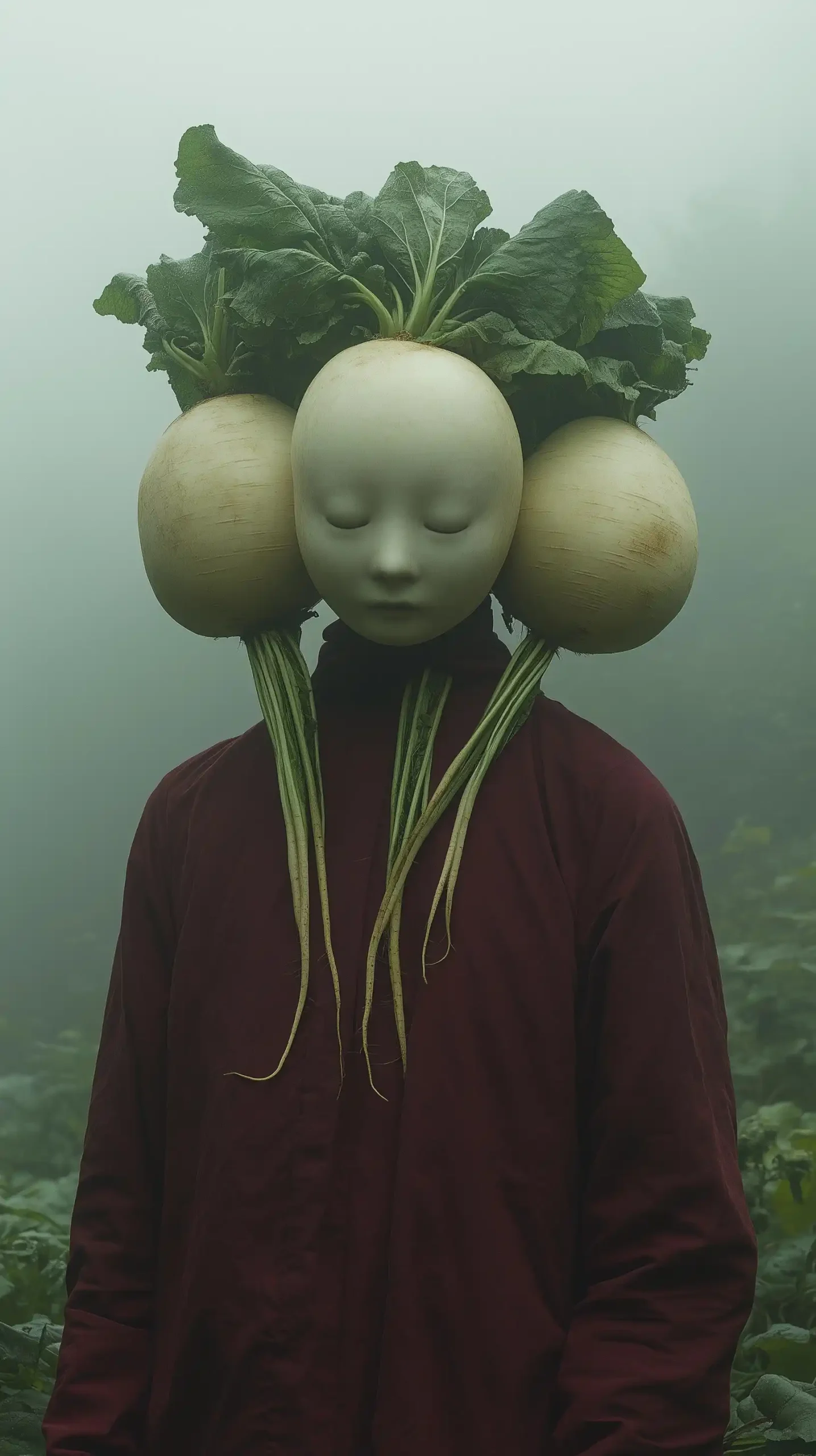 Surreal Radish Gods in Fog Midjourney提示词