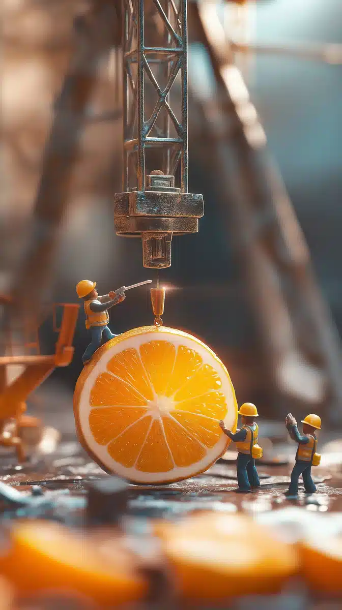 Miniature Workers Juicing Mandarin Midjourney提示词