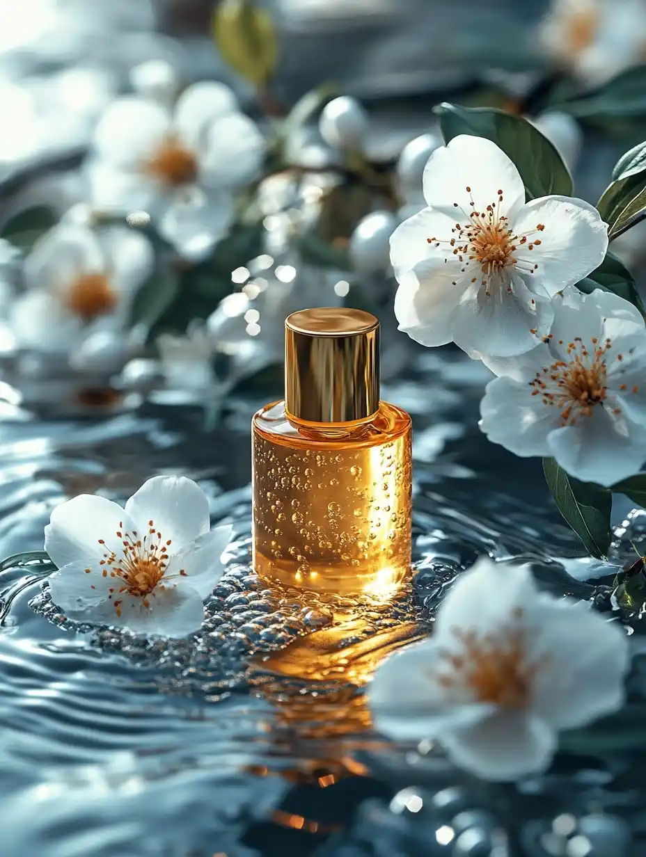 Golden Moisturizer with Flowers Midjourney提示词
