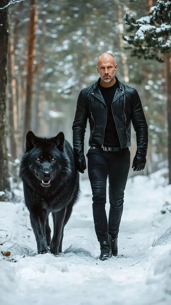 Cinematic Man and Wolf Midjourney提示词