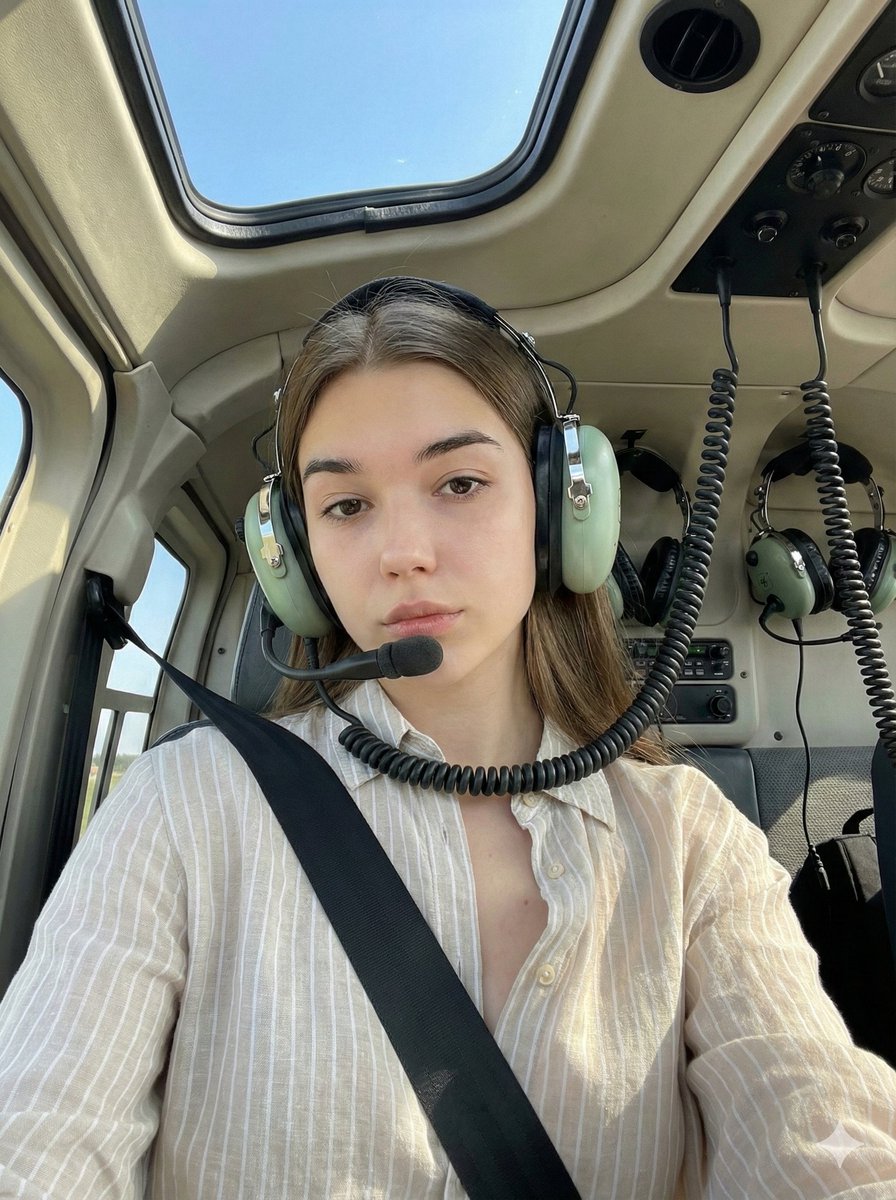 Woman Pilot Portrait in Helicopter Cockpit | Aviation Travel Nano Banana提示词