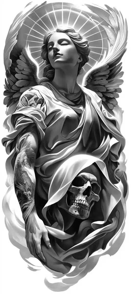 Angelic-Eerie Sleeve Tattoo Design Midjourney提示词
