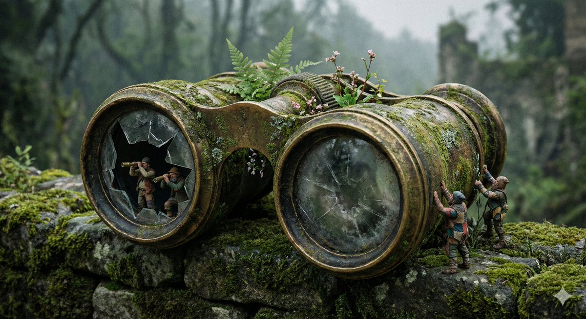 Miniature Explorers on Mossy Binoculars in Fantasy Forest Nano Banana提示词