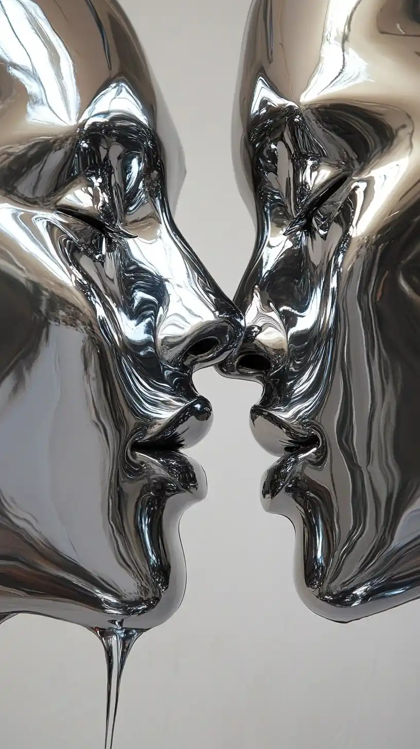 Chrome Faces Kissing Sculpture Midjourney提示词