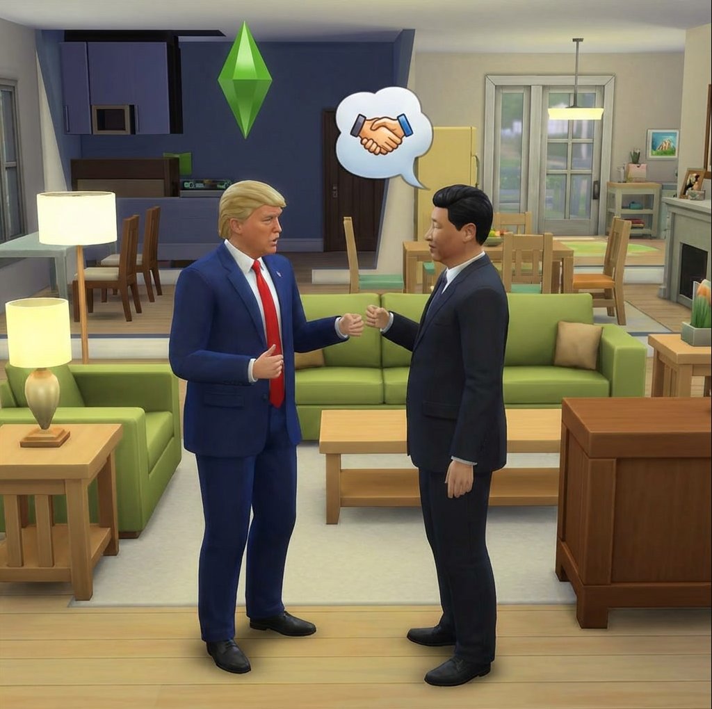 Sims-style Donald Trump & Xi Jinping Handshake Scene Nano Banana提示词