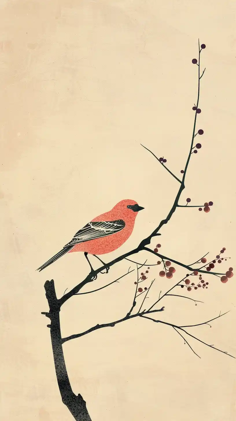 Illustration Bird on Branch Midjourney提示词