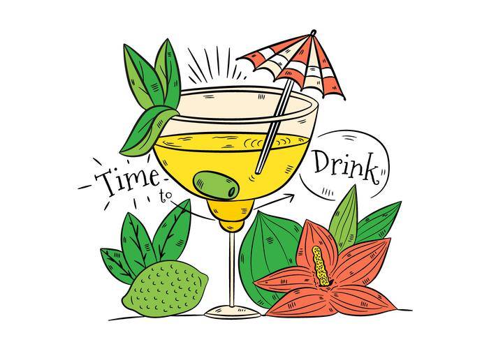 手绘黄色鸡尾酒喝石灰和花