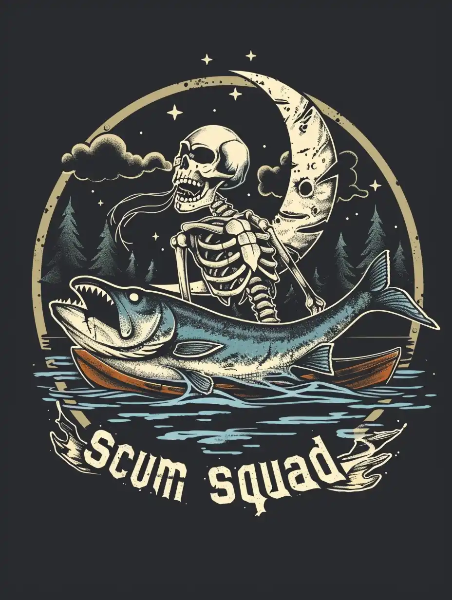 Skeleton Night Fishing Midjourney提示词