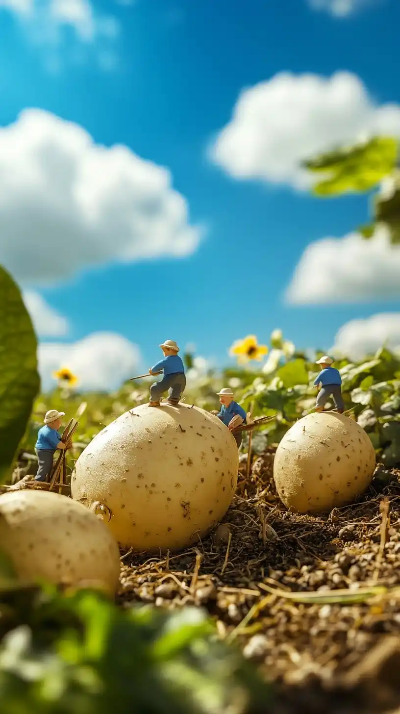 Miniature Farmers with Potatoes Midjourney提示词