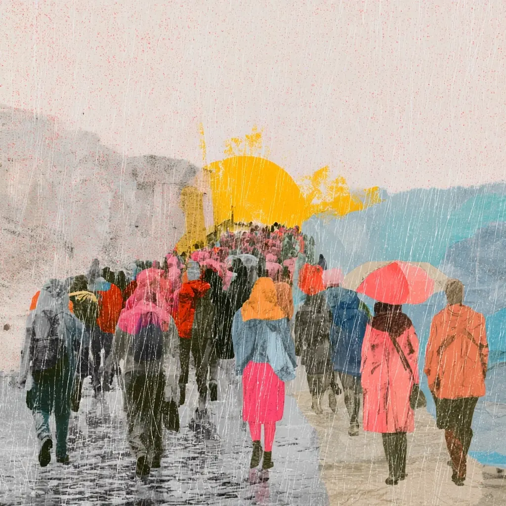 Collage Pilgrimage In Rain Midjourney提示词