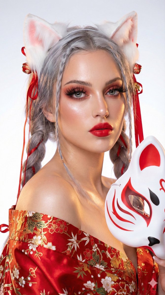 Kitsune Spirit Portrait with Fox Mask and Kimono Nano Banana提示词