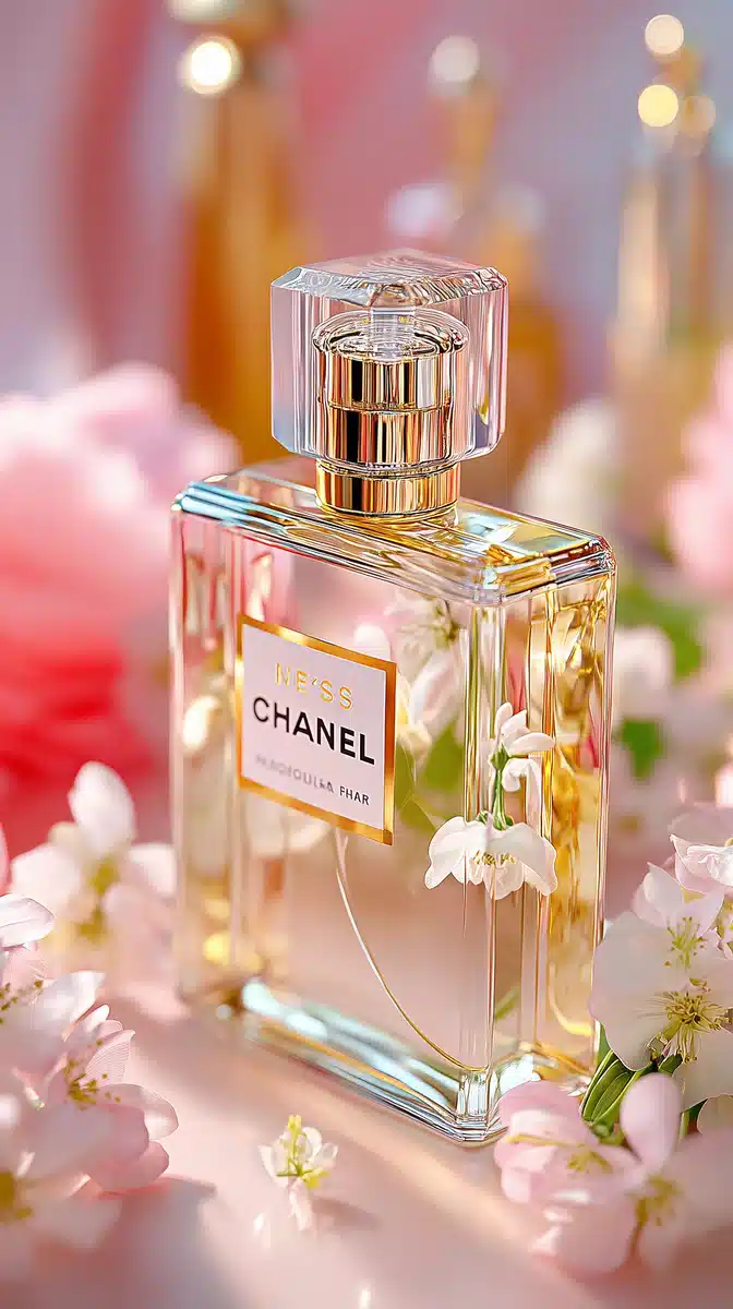 Elegant Chanel Bottle Close-Up Midjourney提示词