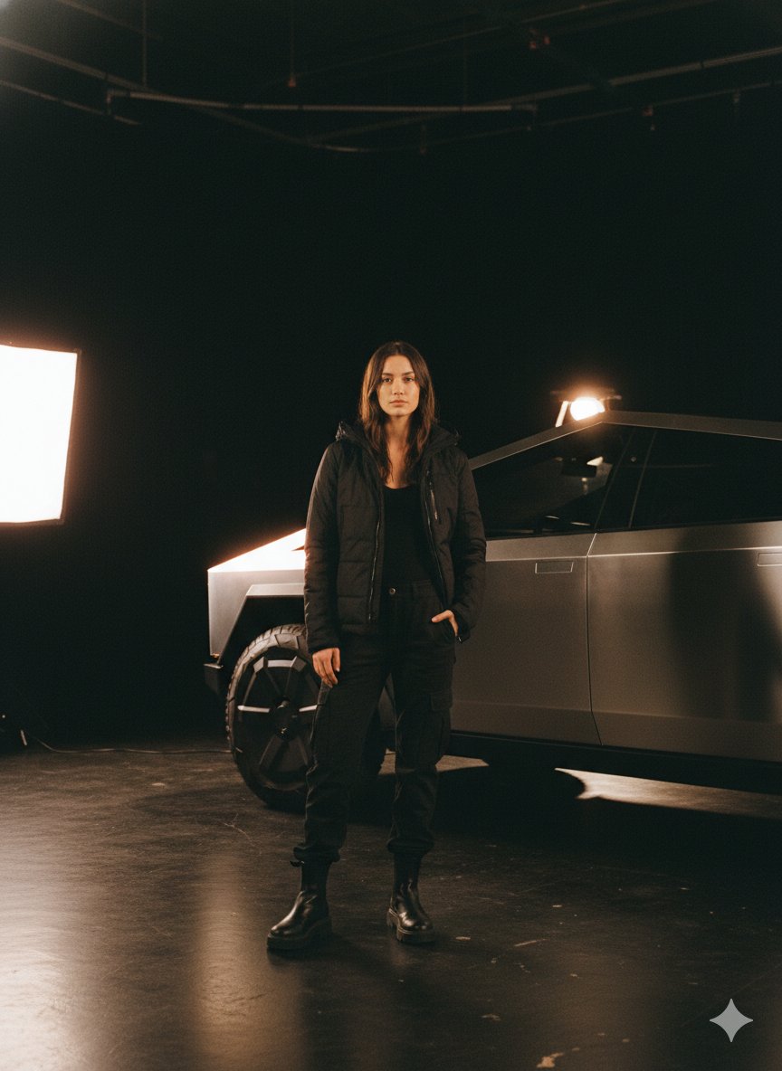 Woman in Black Fashion with Tesla Cybertruck Nano Banana提示词