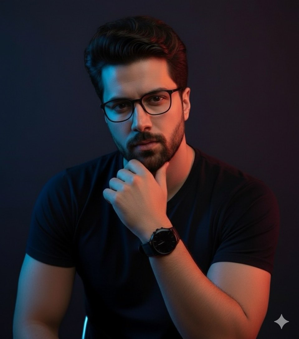 Stylish Man Portrait with Glasses, Beard & Neon Lighting Nano Banana提示词