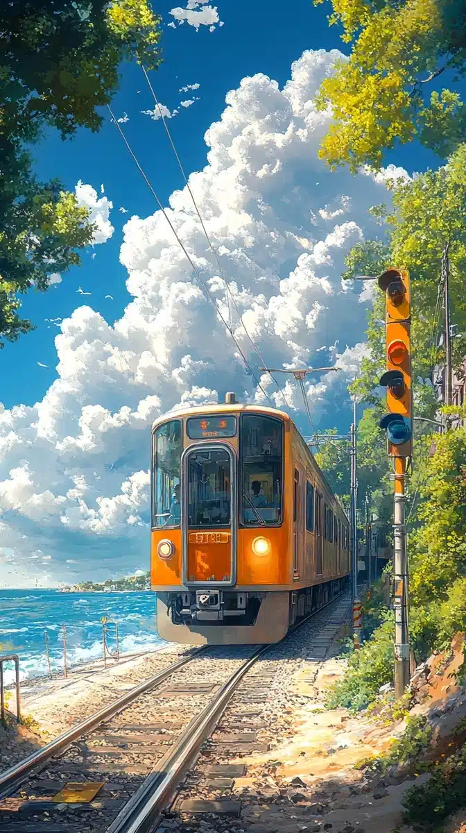 Anime Train by Seashore Midjourney提示词