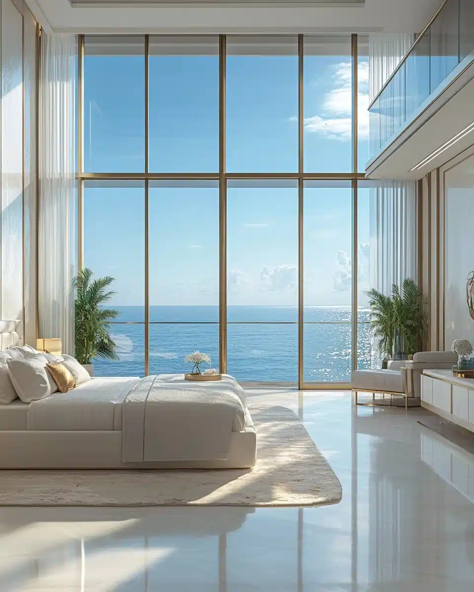 Luxurious Bedroom with Sea View Midjourney提示词