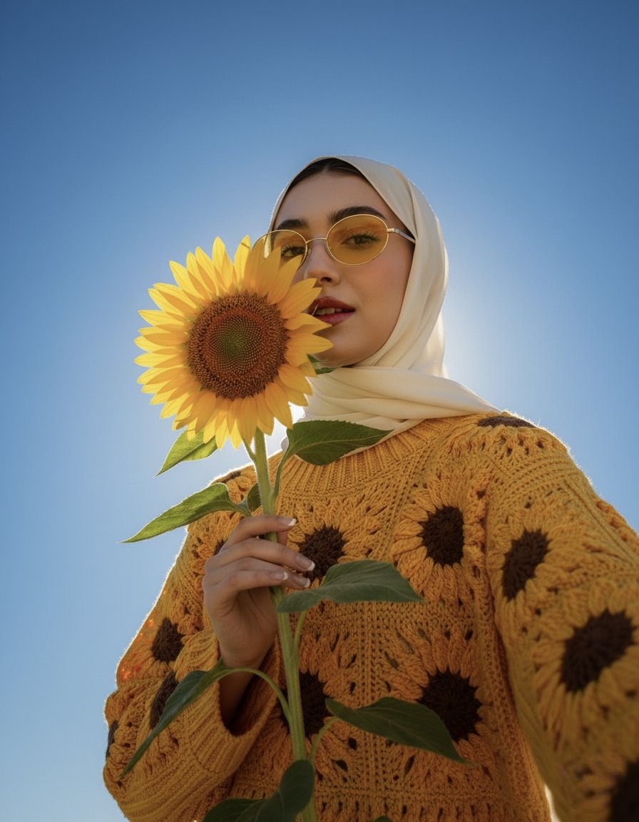 Woman in Hijab & Sunflower Sweater, Sunny Portrait Nano Banana提示词