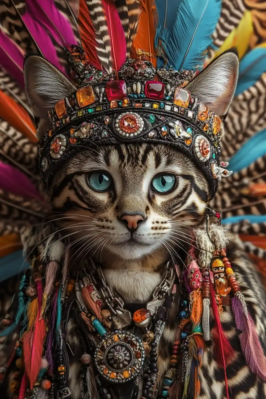 Regal Shaman Cat Portrait Midjourney提示词