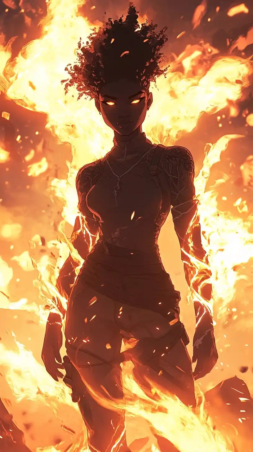 Anime Woman Amid Flames Midjourney提示词