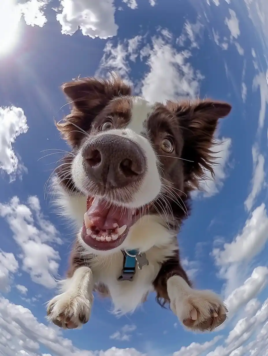 Fisheye Skydiving Dog Midjourney提示词