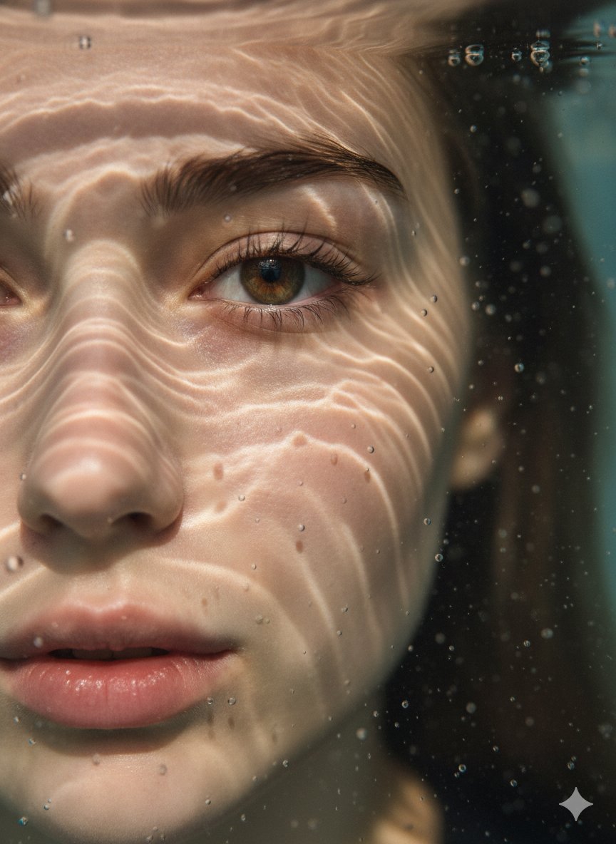 Underwater Portrait: Woman's Face with Light & Water Patterns Nano Banana提示词