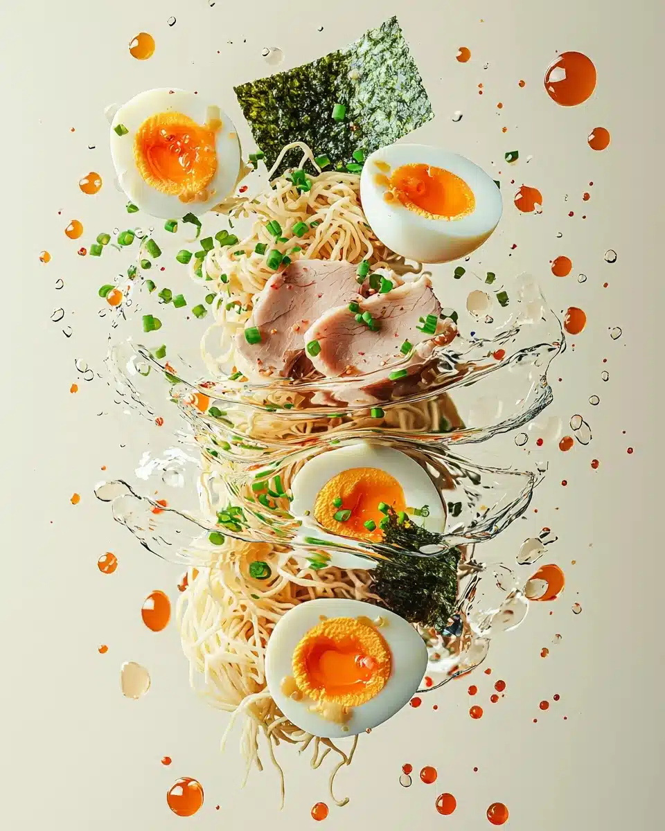 Surreal Floating Ramen Ingredients Midjourney提示词