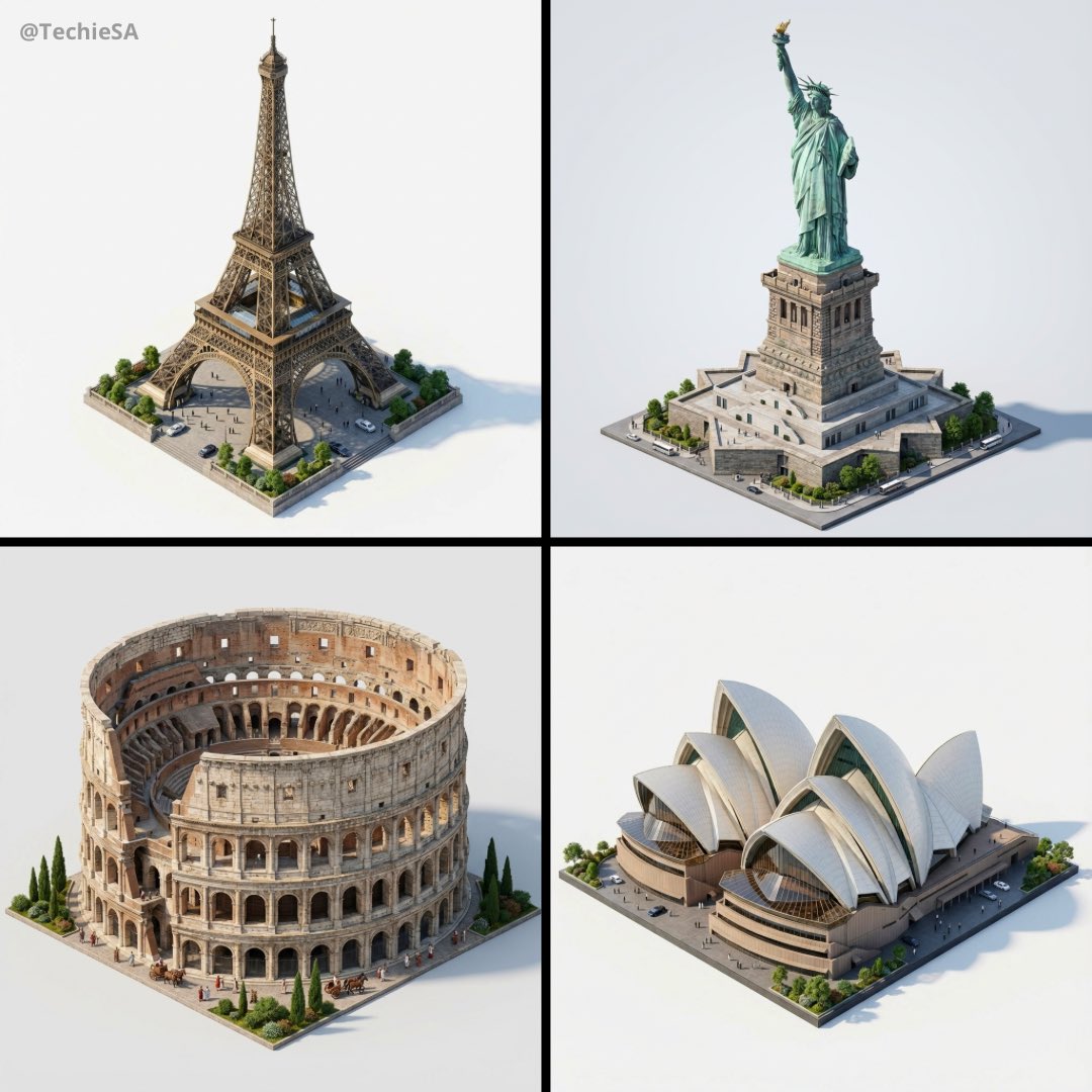 3D World Landmarks Miniatures: Eiffel, Liberty, Colosseum Nano Banana提示词