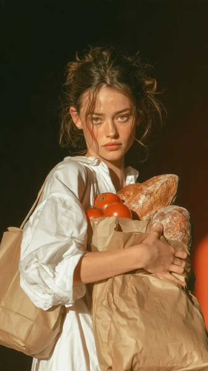 Woman Holding Groceries Photo Midjourney提示词