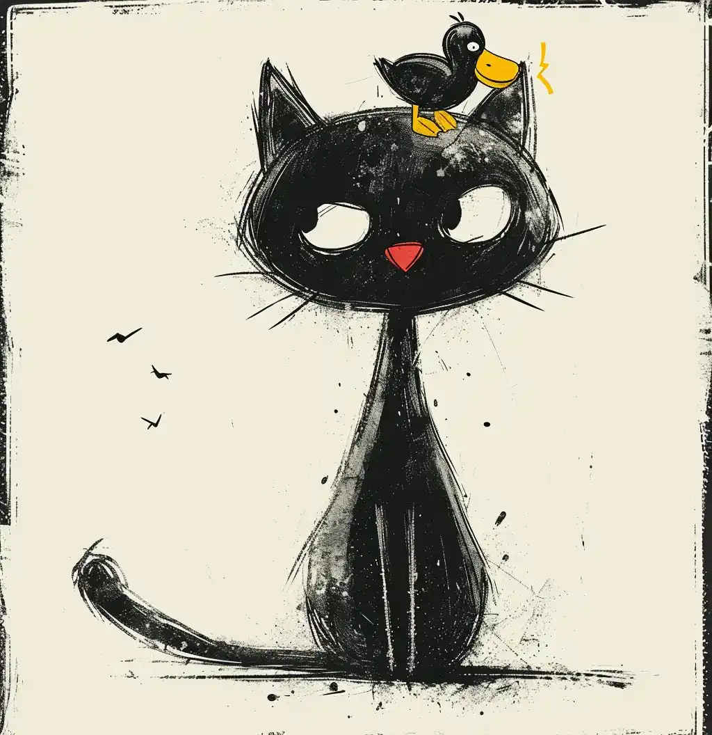 Angry Cat with Duck Minimalistic Line Art Midjourney提示词