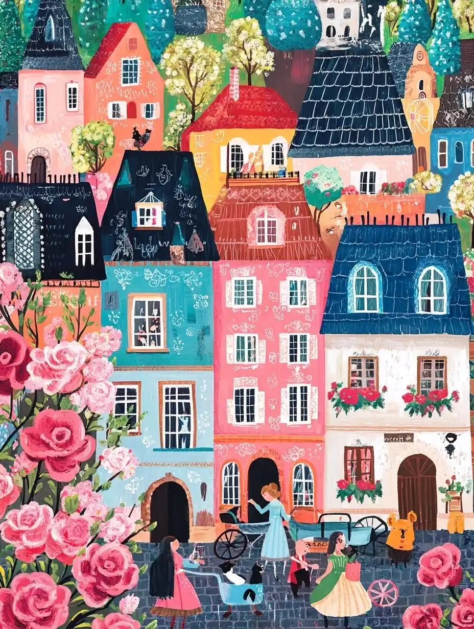 Colorful Castle Street Scene Midjourney提示词