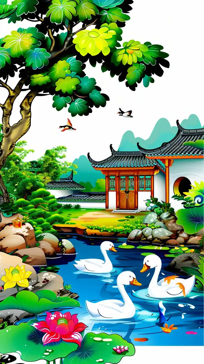 Chinese Geese in Courtyard Midjourney提示词