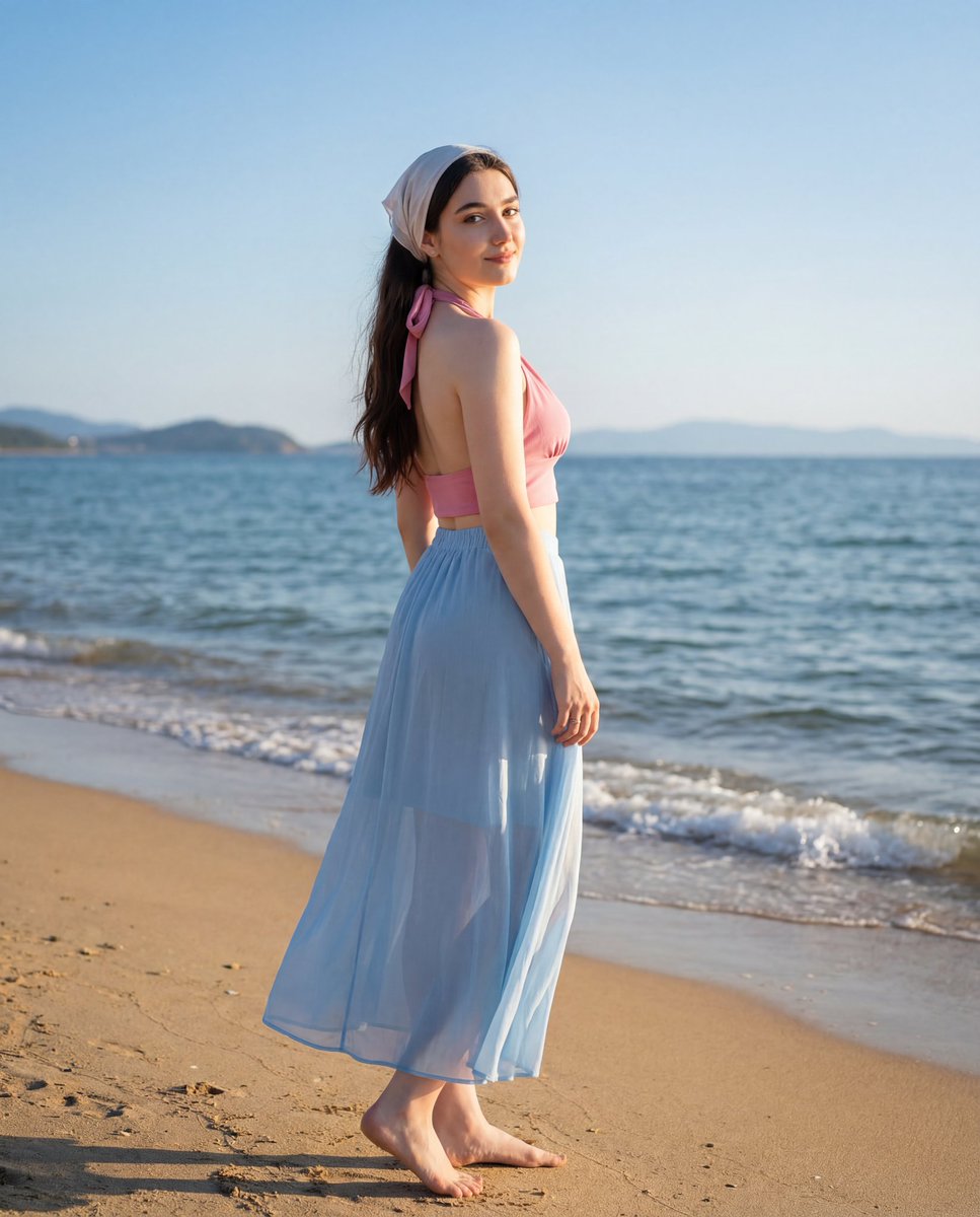 Summer Beach Fashion: Young Woman in Pink & Blue Nano Banana提示词